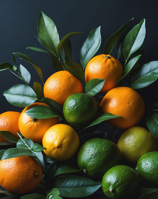Fresh citrus fruits arranged with leaves on a dark background for an inviting display Petitgrain di Mandarino Olio Essenziale (2025) - immagine 1